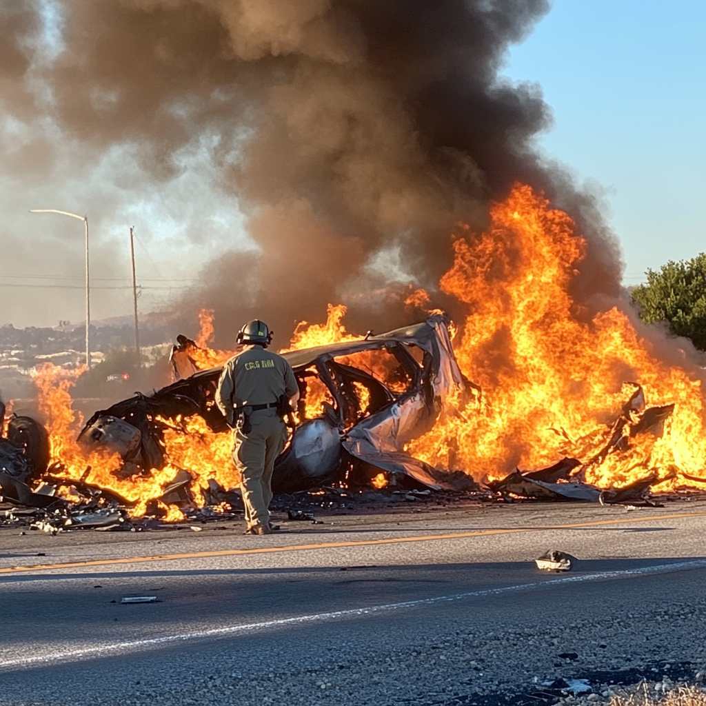 CHP Officer Ayala heroically pulls a severely injured pilot from a fiery plane crash in Goleta, California, moments before an explosion