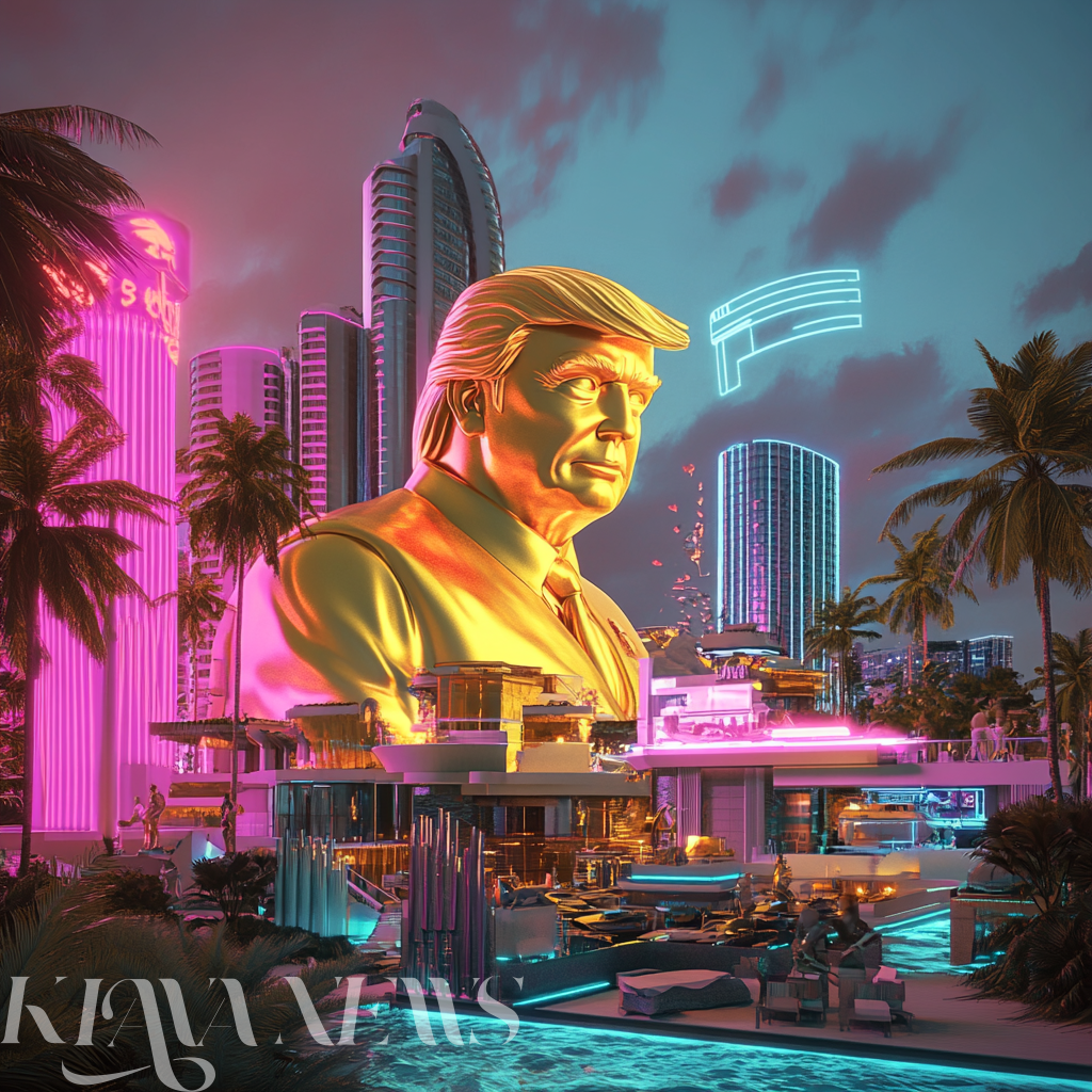 AI-generated image of Trump’s vision for Gaza, featuring a golden statue and futuristic buildings.