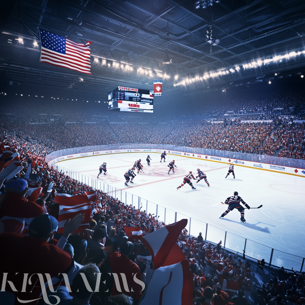 Team USA and Team Canada battle for the puck in the NHL’s 4 Nations Face-Off tournament.