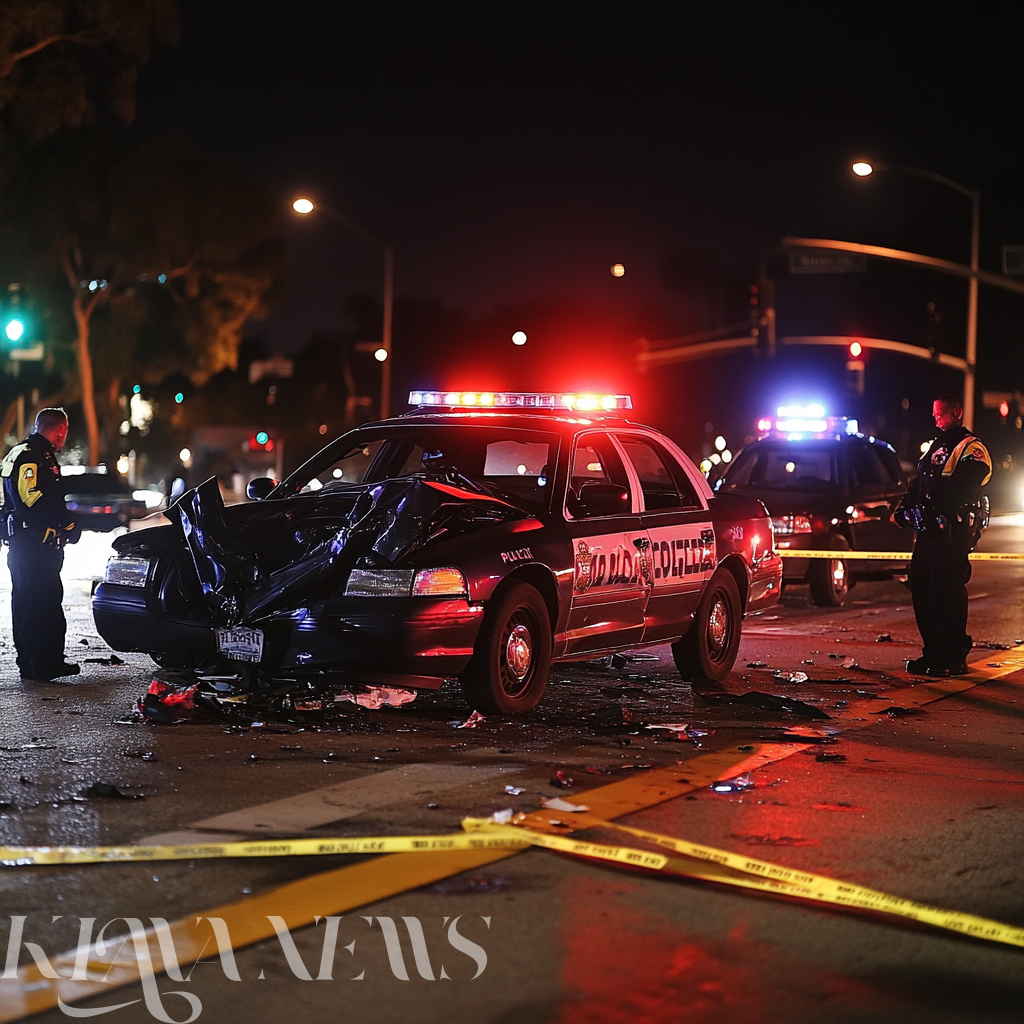 Damaged LASD patrol car at night after a T-bone crash, with emergency lights flashing and police securing the scene.