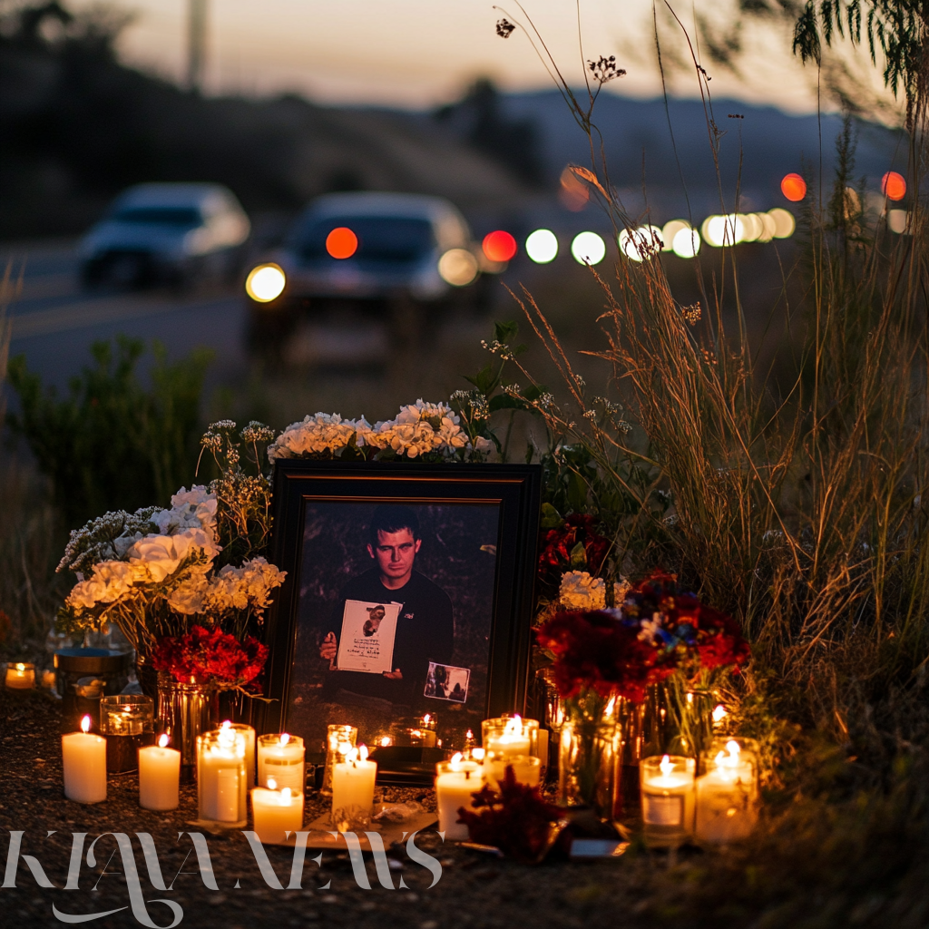 Memorial with flowers and candles honoring Josh Nichols at the site of the fatal hit-and-run in Lake Elsinore.