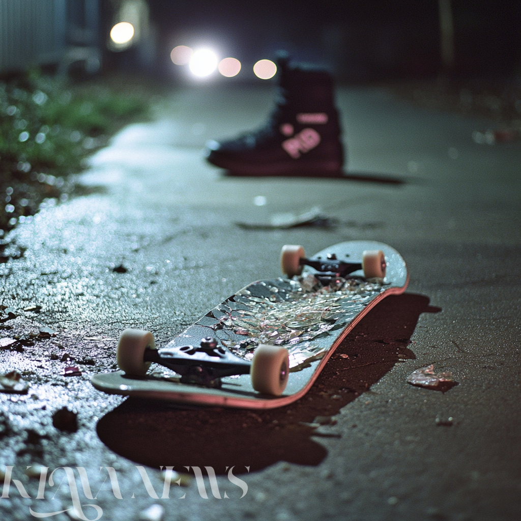 broken skateboard on a driveway after an officer allegedly vandalized it in Riverside, California.