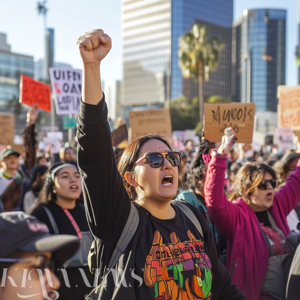Demonstrators in downtown Los Angeles protest Trump’s mass deportation orders on Feb. 2, 2025