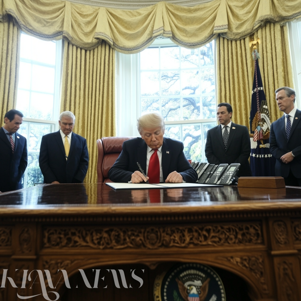 President Donald Trump signs an executive order imposing tariffs on Mexico, Canada, and China