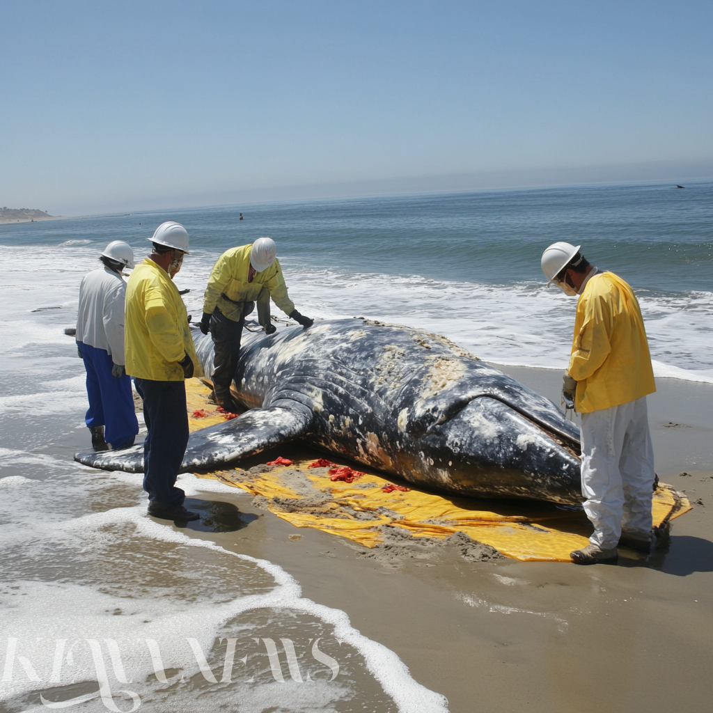 Staff investigating a dead gray whale at Dockweiler State Beach, Los Angeles (Pacific Marine Mammal Center